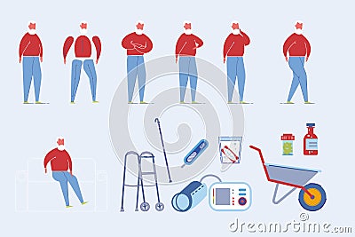Senior Man in Actions and with Medical Equipment. Vector Illustration