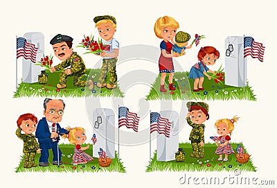 Senior man with children in military cemetery near grave with white monument to veteran, family boy and girl memory and Vector Illustration