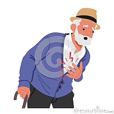 Senior Man Clutches His Chest In Agony, Face Contorted With Pain, Experiencing Heart Attack. The Severity Of Chest Pain Vector Illustration