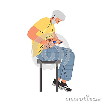 Senior man confidently self-administers insulin injection into belly, vector diabetes control and healthcare treatment Cartoon Illustration