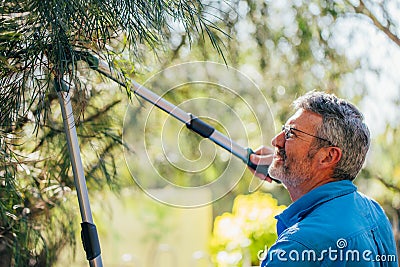 Senior man cutting trimming tree branches outside in the garden Stock Photo