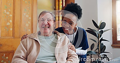 Senior, man or face of nurse in nursing home for support, wellness or healthcare in wheelchair with laugh. Elderly Stock Photo