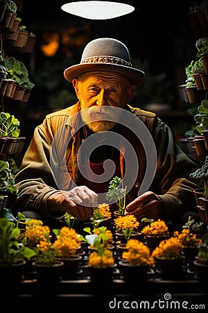 Senior man gardening lifestyle. Old gardener working with plants. Stock Photo