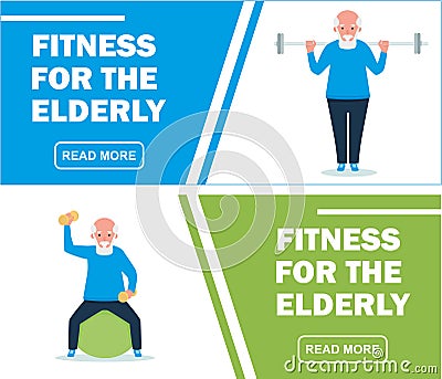 Senior man in gym working out with weights. Sport banners set. fitness for the elderly. Cartoon flat vector illustration Vector Illustration