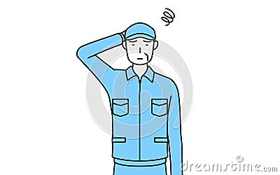 Senior man in hat and work clothes scratching his head in distress Stock Photo