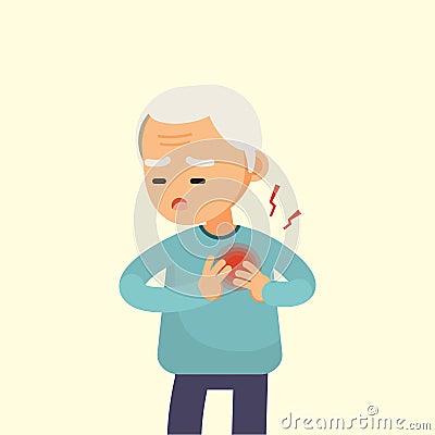 Senior man having a heart attack, elderly with chest pain cartoon, vector illustration. Vector Illustration