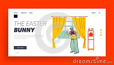 Senior Man Hold Basket with Decorated Eggs for Easter Landing Page Template. Christian Tradition, Pensioner Character Vector Illustration