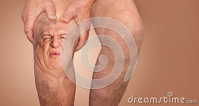 Senior man holding the knee with pain. Collage. Concept of abstract pain and despair. Stock Photo