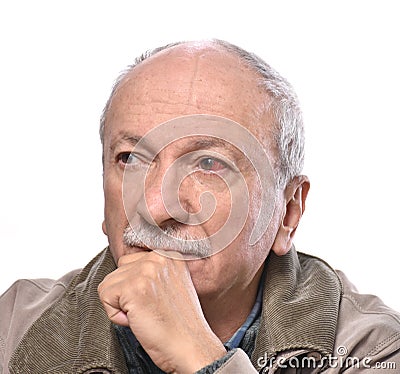 Senior man with irritated red bloodshot eye Stock Photo