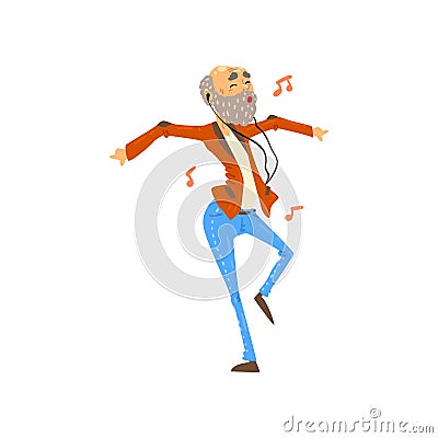 Senior man listening to music on headphones and dancing, grandpa having fun, elderly man cartoon character leading an Vector Illustration