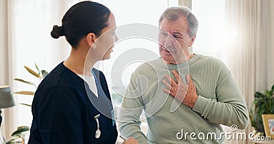 Senior man, nurse and talk on chest pain, heart problem or cardiovascular lung fail, tuberculosis risk or cancer crisis Stock Photo