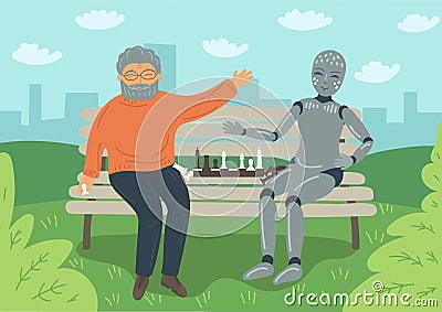 Senior man playing chess with robot on the bench outdoors. Vector Illustration