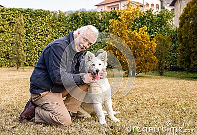Senior man playing with White Swiss Shepherd puppy in the garden Stock Photo