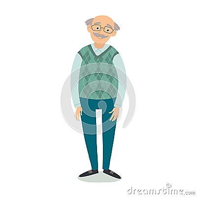 Senior man standing. Old man wearing glasses. Grandfather with grey hair, mustache, wearing sweater. Cartoon grandpa Vector Illustration