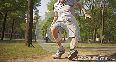 Senior man suffered a knee injury while jogging in the park. Knee grass during physical exercise. Generative AI Stock Photo