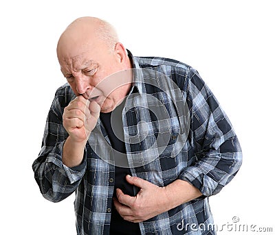 Senior man suffering from cough on white Stock Photo