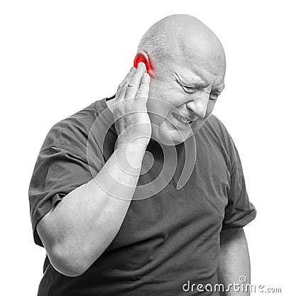 Senior man suffering from earache. Black and white tone Stock Photo