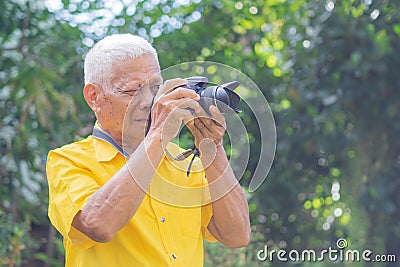 Senior man taking a photo by a digital camera in the park. An elderly Asian man wears a yellow shirt, happy when using a camera. Stock Photo