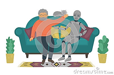 Senior man talking with domestic robot on sofa Vector Illustration