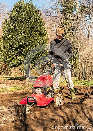 Senior man tilling ground soil with a rototiller in the garden. Stock Photo