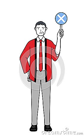 Senior man wearing a red happi coat holding a placard with an X indicating incorrect answer Stock Photo