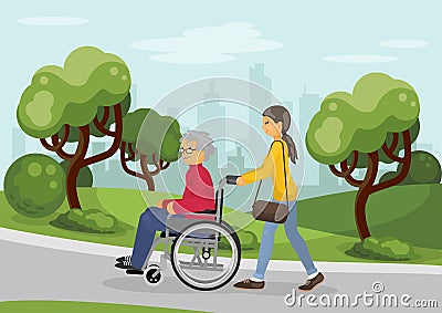 Senior man in wheelchair with careful woman Vector Illustration