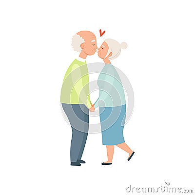 Senior man and woman kissing and holding hands, elderly romantic couple in love vector Illustration on a white Vector Illustration