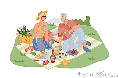 Senior man and woman on picnic, blanket with food Vector Illustration