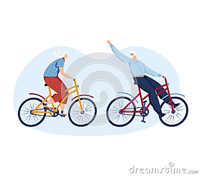 Senior man and woman ride bicycles and wave hello. Active elderly couple cycling together outdoors. Healthy lifestyle Vector Illustration