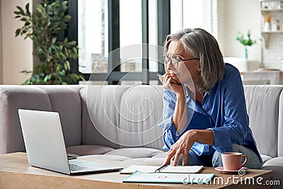 Senior older woman watching webinar on laptop working from home. Stock Photo