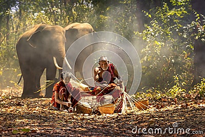 Senior Men and women are weaves basket with a large elephant in the background. Old man and woman weaves bamboo basket or fish Stock Photo