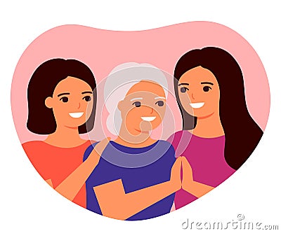 Senior mother and adult daughters are hugging. Family love, taking care of granny. Family generation, grandmother, mother and Vector Illustration