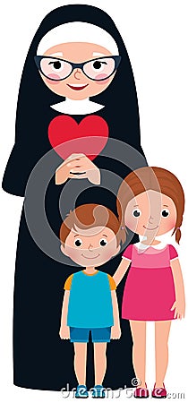 Senior nun and children girl and boy Vector Illustration
