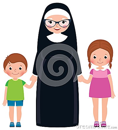 Senior nun holding hands boy and girl children Vector Illustration