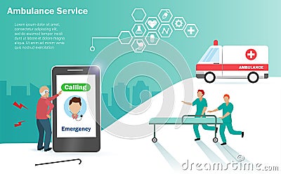 Senior old man calling emergency ambulance for help from sickness with medical team hurry to help Vector Illustration