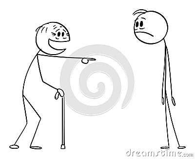 Senior or Old Person Mocking or Ridiculing Young Person, Laughing and Pointing, Vector Cartoon Stick Figure Illustration Vector Illustration