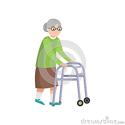 Senior old woman in green clothes walking with walker Vector Illustration