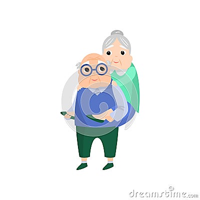 Senior old woman jump at her husband back Vector Illustration