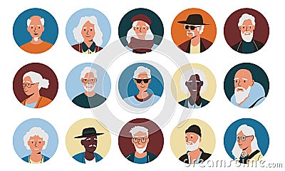Senior people avatars. Cartoon older characters round icons, happy aged men women faces, pensioner portraits for social media. Vector Illustration