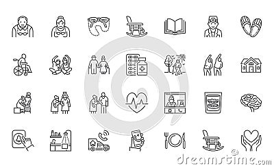 Senior people flat line icons set. Old man and woman exercising, active grandparents, wheelchair, alzheimer nursing home Vector Illustration