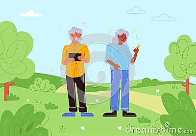 Senior people gadgets outdoor. Elderly persons use tablet and phone in park, watching location, older generation with Vector Illustration