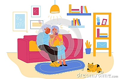 Senior people gadgets in room. Happy elderly couple on sofa in living room, pensioners mastering new device Vector Illustration