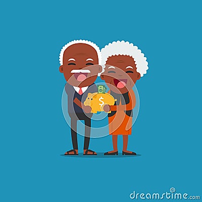 Senior people with golden piggy bank. Vector Illustration