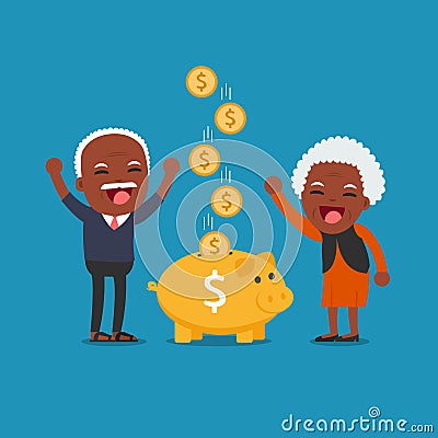 Senior people with golden piggy bank. Vector Illustration