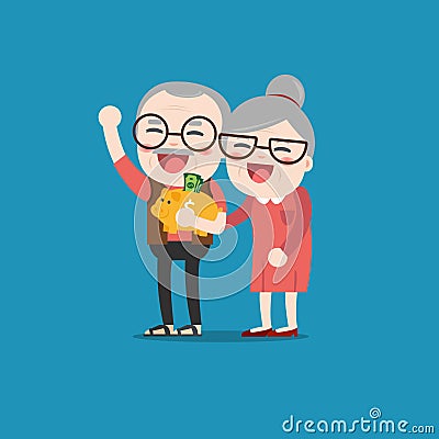 Senior people with golden piggy bank. Vector Illustration