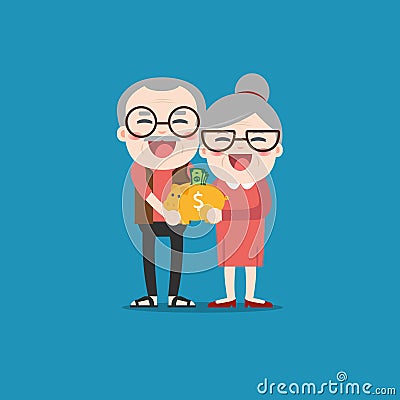 Senior people with golden piggy bank. Vector Illustration