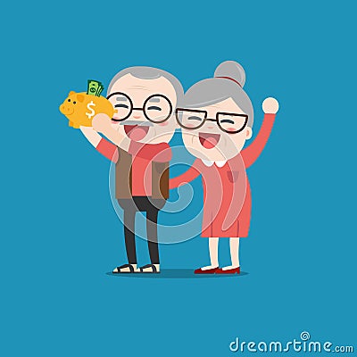 Senior people with golden piggy bank. Vector Illustration