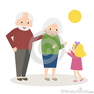 Senior people happy leisure time with granddaughter. Happy Grandparents with little granddaughter. Vector Illustration