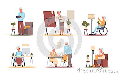 Senior people at home. Pensioners hobby. Elderly cartoon characters playing card games, watching movies and talking Stock Photo