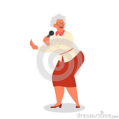 Senior people singing karaoke. Old woman singing song Vector Illustration